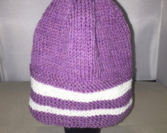 Small Adult Hand Knit Purple and White Beanie - Ready to Ship