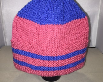 Small Dark Pink and Blue Adult Hand Knit Hat - Ready to Ship