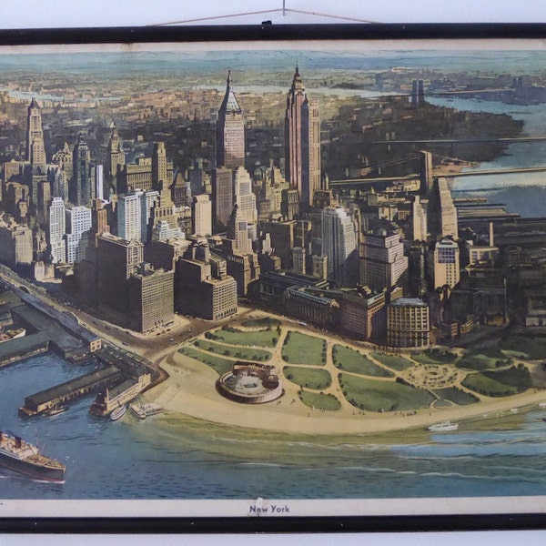 New York City Map 1950s - Original School Chart - Pull Down Chart Aerial View NYC - Bird Eye View Manhattan School Chart Large Map