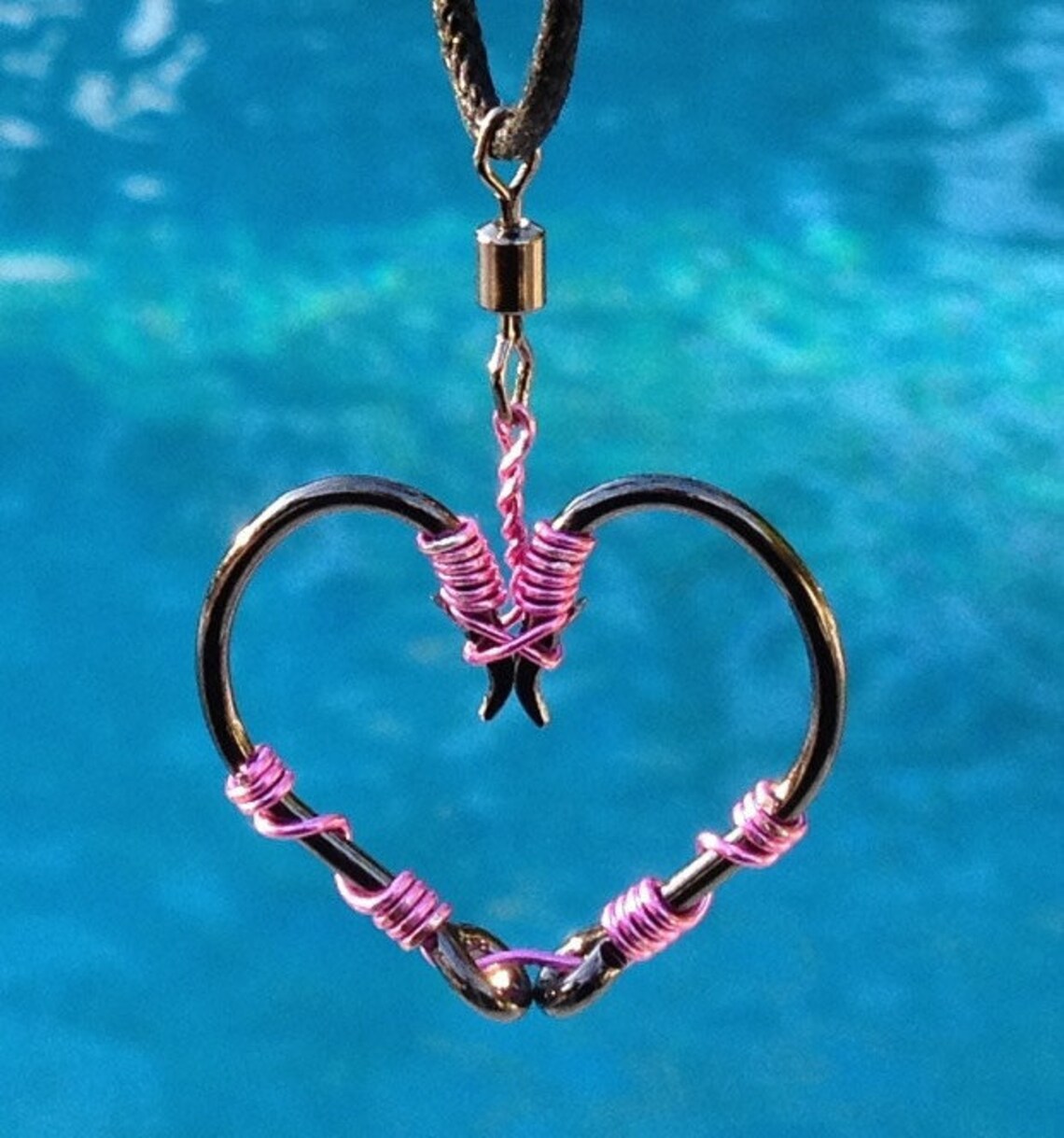 The Original FISH HOOK HEART Necklace Pink Wire on Black Etsy