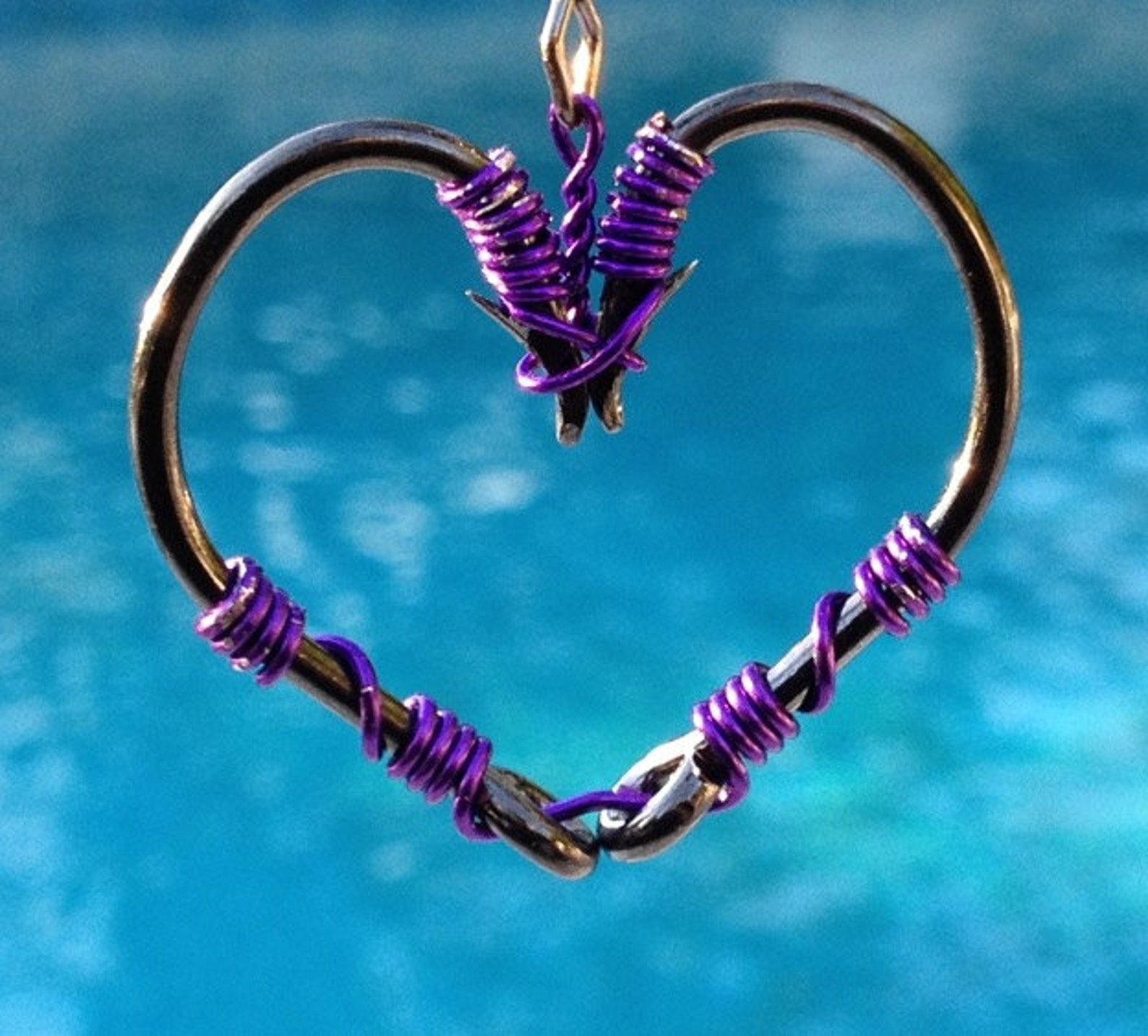The REAL Fish HOOK HEART Necklace Purple on Black Hooks Etsy