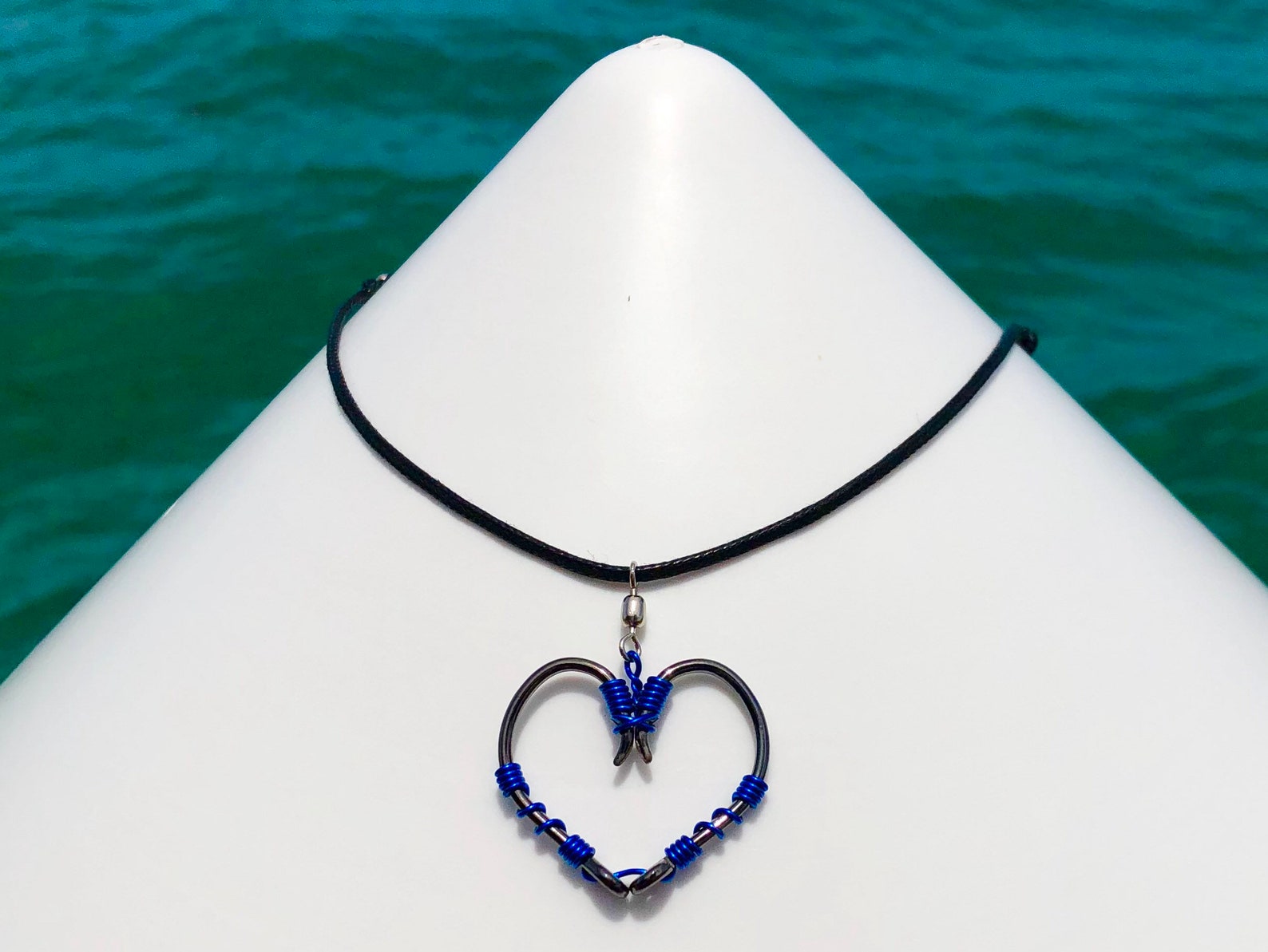 The REAL Fish HOOK HEART Necklace Blue on Black Hooks Etsy