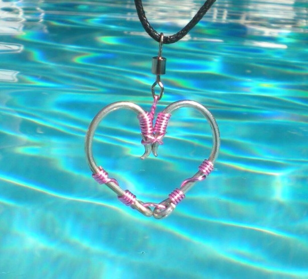 The REAL Fish HOOK HEART Necklace Pink on Silver Hooks Etsy