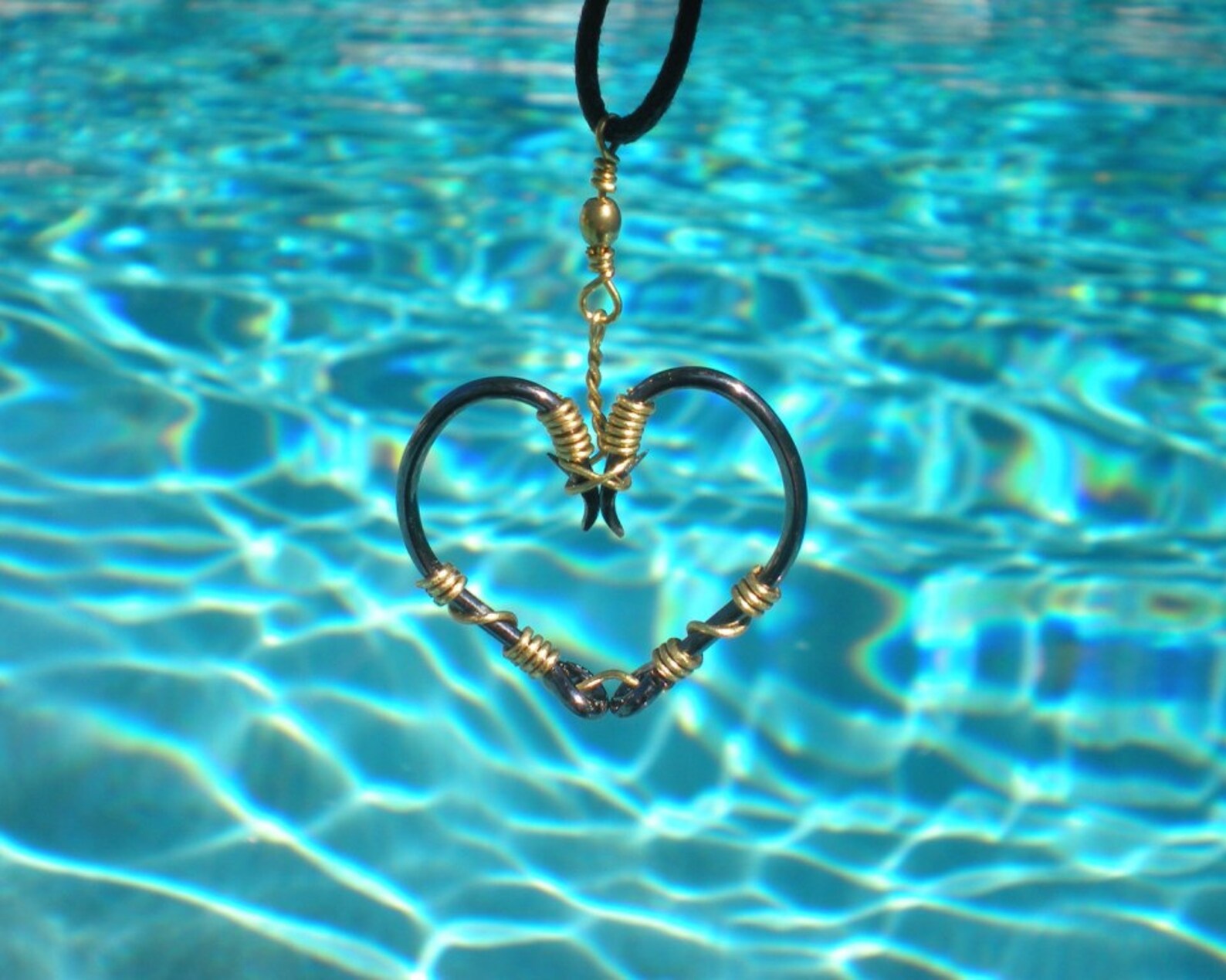 The REAL Fish HOOK HEART Necklace Gold on Black Hooks Etsy