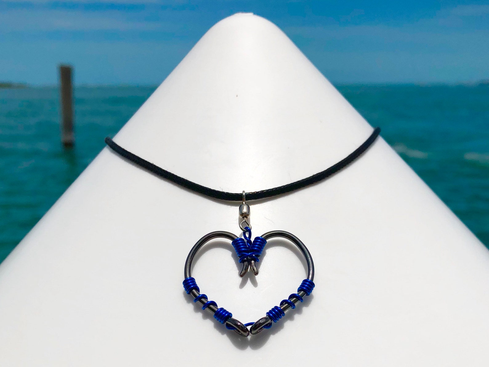 The REAL Fish HOOK HEART Necklace Blue on Black Hooks Etsy
