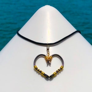 The REAL Fish HOOK HEART Necklace - Gold on Black Hooks