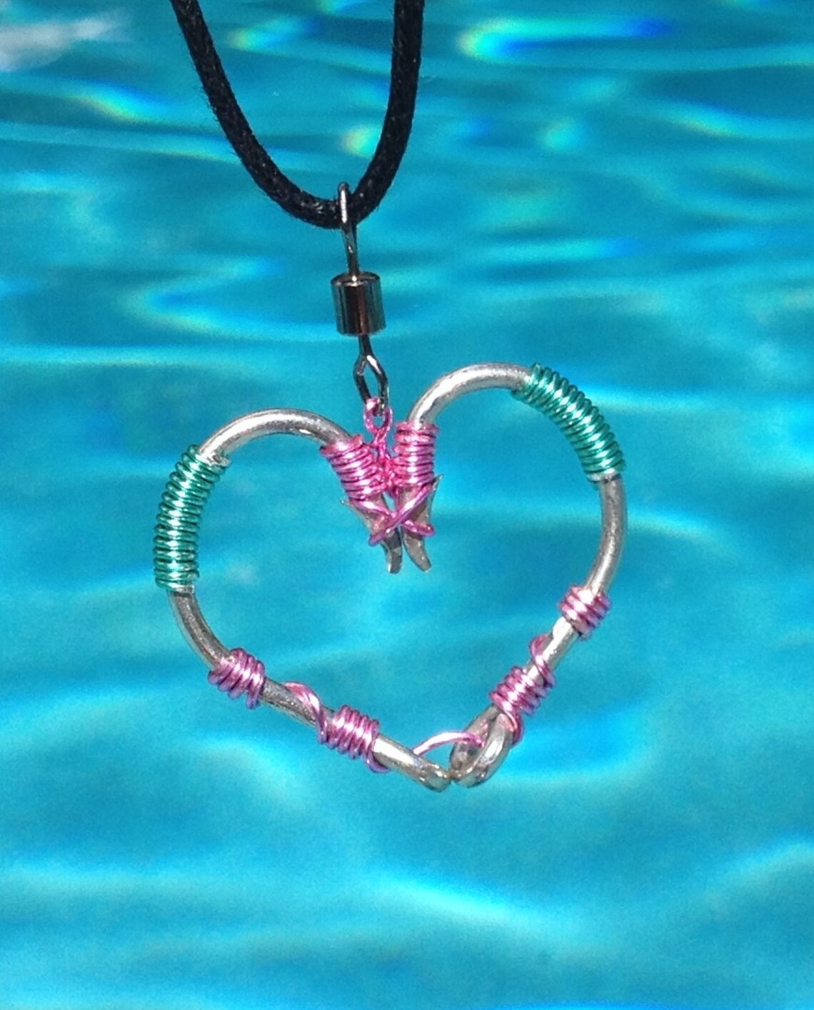 The REAL Fish HOOK HEART Necklace Pink and Seafoam Green on Etsy