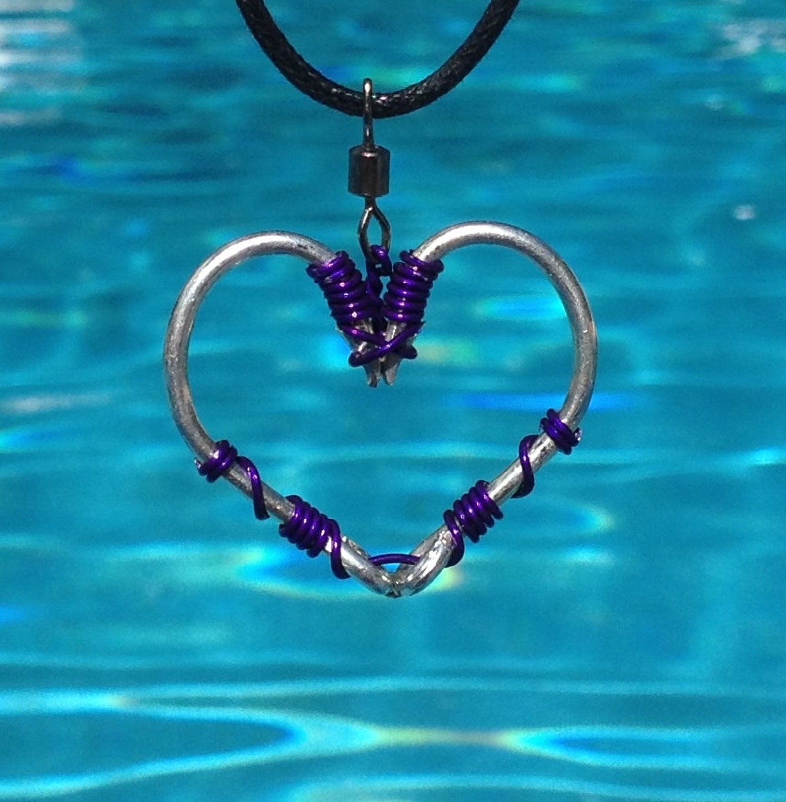 The REAL Fish HOOK HEART Necklace Purple on Silver Hooks Etsy