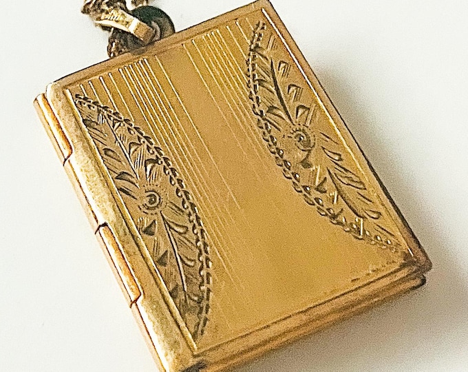 Vintage Gold Filled Engraved Book Photo Locket Necklace