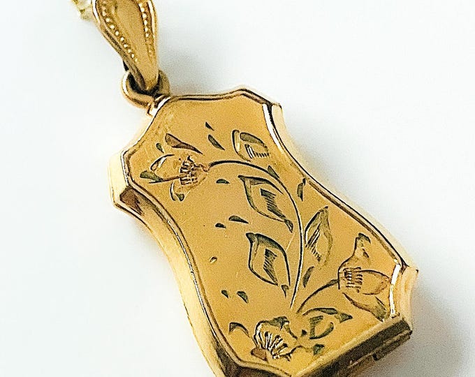 Victorian Gold Filled Engraved Floral Shield Photo Locket Necklace
