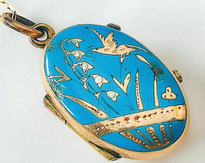 Antique Enameled Oval Engraved Lily Flower and Bird Motif Gold Filled Locket Necklace