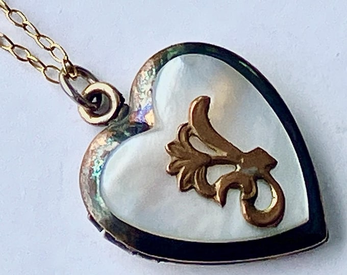 Antique Vintage Sterling Silver Gold Vermeil Heart Locket Necklace With Abalone Heart Stone and Flower Design