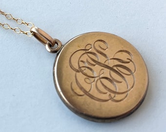 Antique Victorian Round Engraved Locket Necklace, 1/4 Gold Shell Locket Vintage Jewelry Gift