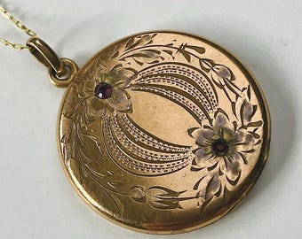 Antique Victorian Gold-Filled Round Flower Leaf Jewel Locket Necklace
