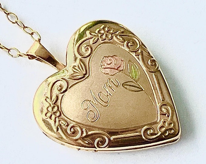 Vintage 14KT Gold Filled Heart Locket Necklace, "Mom" Inscription Flower Design