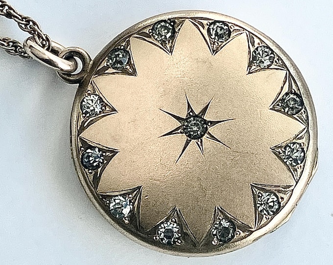 Antique Victorian Gold Filled Star Celestial Motif Paste Stone Locket Necklace