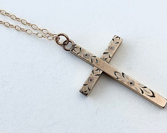 Antique Crucifix Pendant Necklace Vintage Gold Filled Cross Necklace Gold Chain Gift For Her