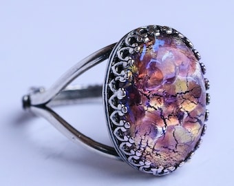 Silver Opal Ring, Purple Fire Opal Ring, Cocktail Ring, Glass Cabochon Ring, Adjustable Ring, Filigree Statement Ring Jewelry Gift