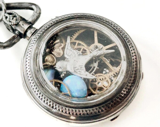 Victorian Sterling Silver Hand Engraved Watch Case Locket Necklace with Opal, Moonstone, and Gears