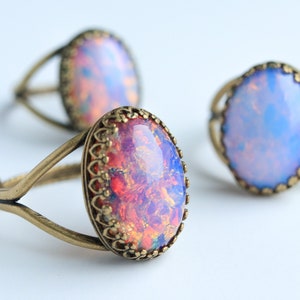 Vintage Opal Gold Ring, Pink Glass Fire Opal Ring, Cocktail Ring, Glass Cabochon Ring, Adjustable Ring, Filigree Statement Ring BoHo Jewelry