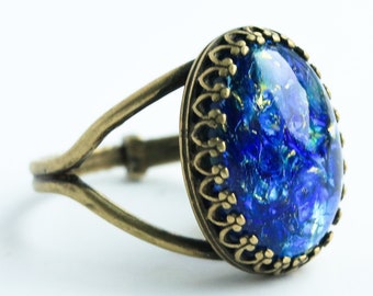 Blue Glass Opal Adjustable Gold Brass Ring