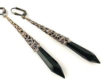 Elegant Antique Art Deco Black Glass Brass Filigree Earrings