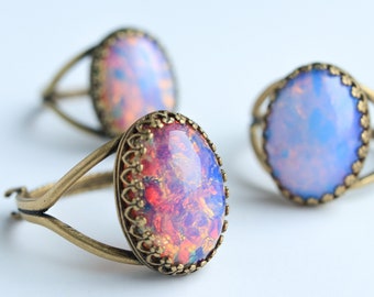 Vintage Opal Gold Ring, Pink Glass Fire Opal Ring, Cocktail Ring, Glass Cabochon Ring, Adjustable Ring, Filigree Statement Ring BoHo Jewelry