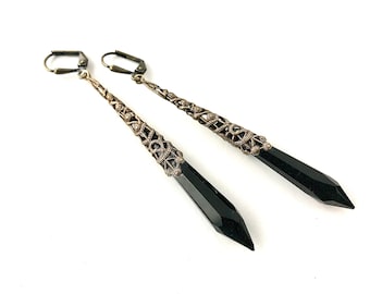 Elegant Antique Art Deco Black Glass Brass Filigree Earrings