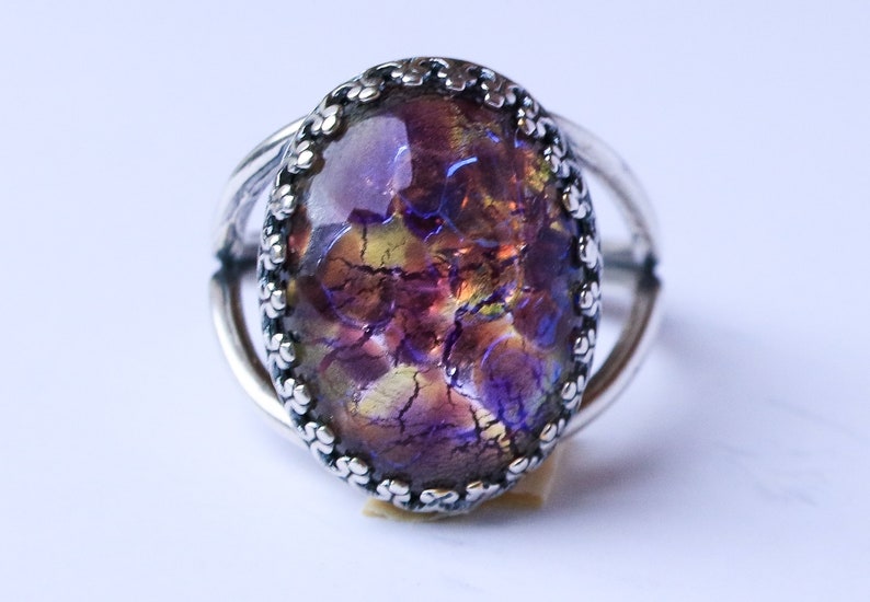 Silver Opal Ring, Purple Fire Opal Ring, Cocktail Ring, Glass Cabochon Ring, Adjustable Ring, Filigree Statement Ring Jewelry Gift image 2