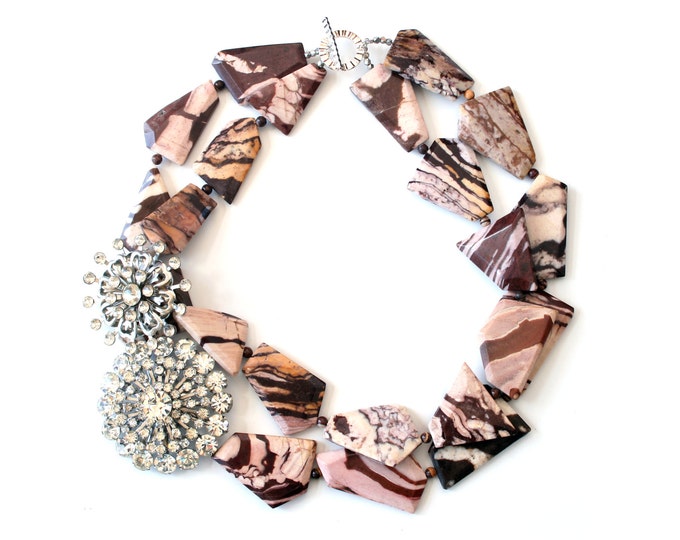 Vintage Rhinestone Brooch Brown Zebra Jasper Gemstone Bead Statement Cocktail Necklace