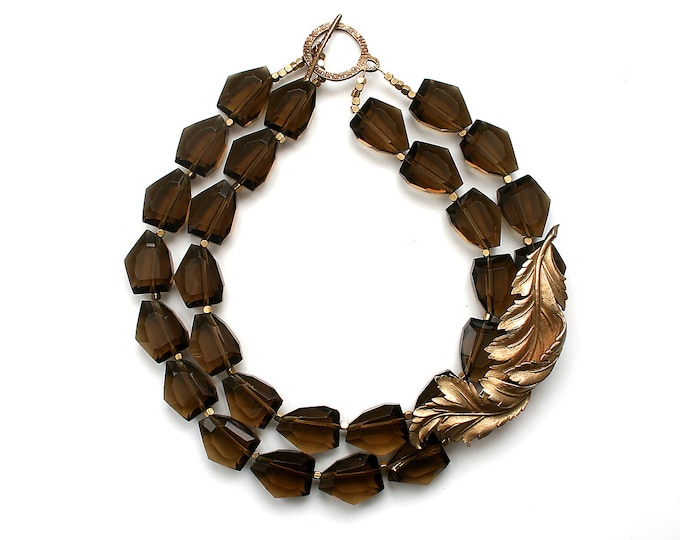 Vintage Gold Feather Brooch Necklace, Brown Glass Nugget Bead Statement Piece