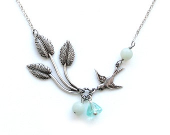 Wedding Jewelry Bridal Jewelry Bridesmaid Jewelry Bridesmaid Gift Necklace Teal Green Gemstone Bead Silver Chain Silver Leaf Bird Necklace