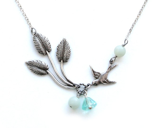 Wedding Jewelry Bridal Jewelry Bridesmaid Jewelry Bridesmaid Gift Necklace Teal Green Gemstone Bead Silver Chain Silver Leaf Bird Necklace