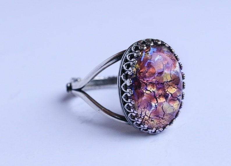 Silver Opal Ring, Purple Fire Opal Ring, Cocktail Ring, Glass Cabochon Ring, Adjustable Ring, Filigree Statement Ring Jewelry Gift image 1