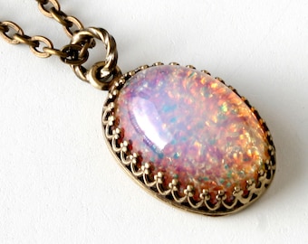 Pink Fire Opal Pendant Necklace Vintage Oval Glass Pink Opal Necklace Gold Chain Gift For Her Lillian Fine Jewelry