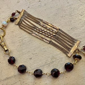 Antique Gold Filled Watch Fob Chain Bracelet Beaded Gemstone Garnets Opals