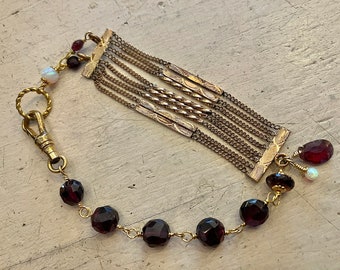 Antique Gold Filled Watch Fob Chain Bracelet Beaded Gemstone Garnets Opals