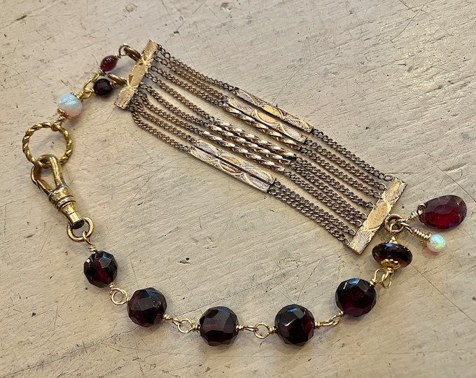 Featured listing image: Antique Gold Filled Watch Fob Chain Bracelet Beaded Gemstone Garnets Opals