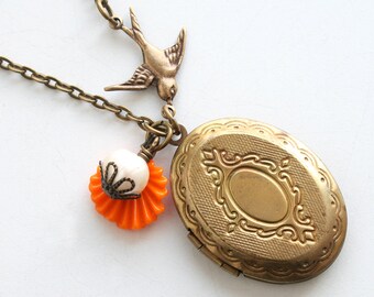 Vintage Locket Handmade Gold Oval Locket Bird Pendant Charm Necklace Orange Leaf White Pearl Bead Gift by Lillian Fine Jewelry