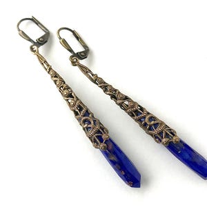 Lapis Style Drop Earrings Dangle Earrings Vintage Antique Art Deco Blue Glass Gold Brass Bronze Filigree Earrings Gift For Her