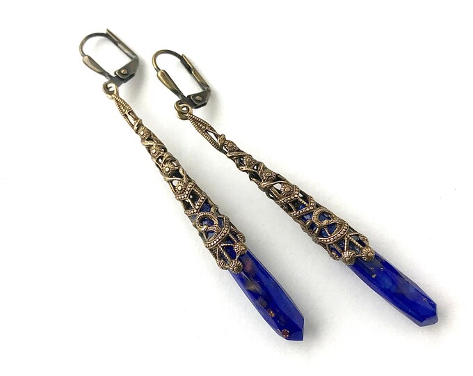 Elegant Antique Art Deco Black Glass Brass Filigree Earrings