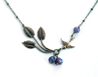 Antiqued Brass Leaf Bird Necklace Wedding Jewelry Bridal Jewelry Bridesmaid Gift Purple Amethyst Gemstone Bead Gold Chain Gold Leaf Bird
