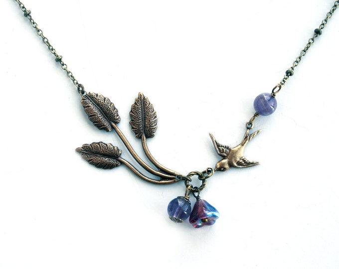 Antiqued Brass Bird Necklace, Purple Amethyst Bead, Leaf Jewelry