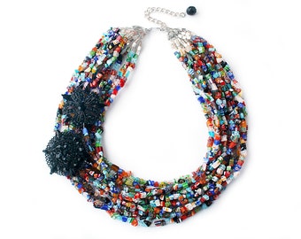 Statement Necklace Vintage Black Rhinestone Brooch Strand Blue Red Green Orange Beads Gift For Her by Lillian Fine Jewelry