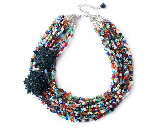 Statement Necklace Vintage Black Rhinestone Brooch Strand Blue Red Green Orange Beads Gift For Her by Lillian Fine Jewelry