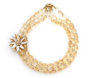 Statement Necklace Vintage Gold Flower Rhinestone Brooch Strand Yellow Quartz Gemstone Beads Gift Wedding Bridal Jewelry