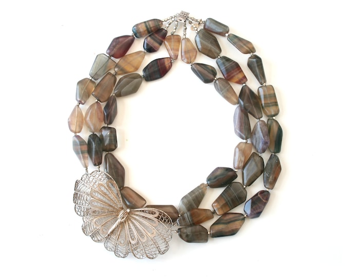 Bridal Statement Necklace Wedding Jewelry Vintage Silver Filigree Butterfly Brooch Strand Green Purple Gemstone Beads Sterling Silver