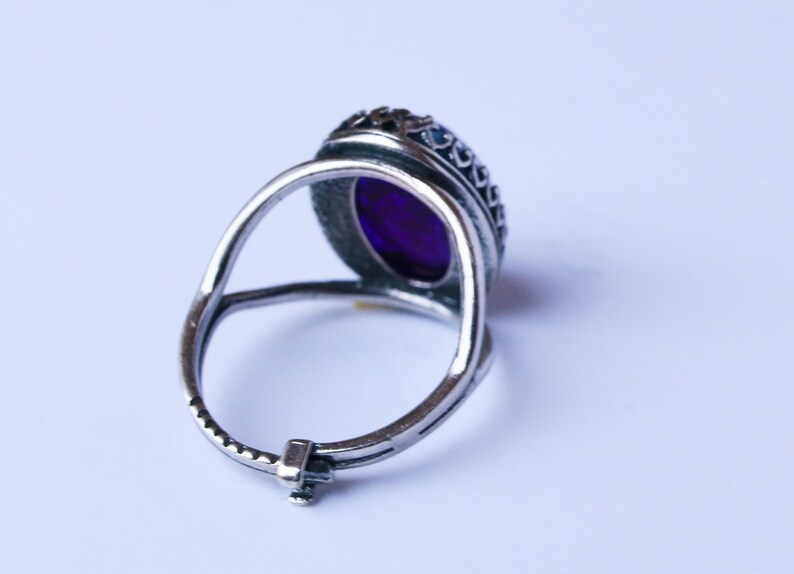 Silver Opal Ring, Purple Fire Opal Ring, Cocktail Ring, Glass Cabochon Ring, Adjustable Ring, Filigree Statement Ring Jewelry Gift image 3