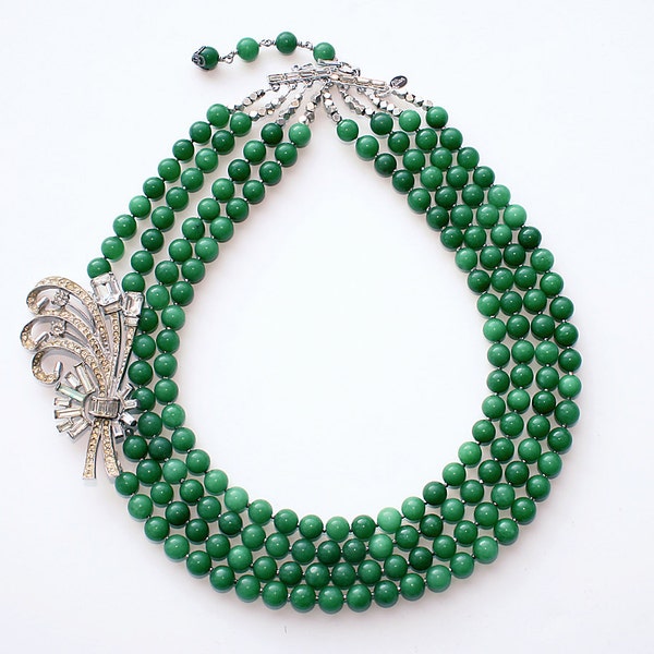 Statement Necklace Vintage Sterling Silver Ribbon Flower Leaf Rhinestone Brooch Strand Green Gemstone Beads By Lillian Fine Jewelry