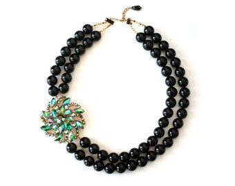 Black Wedding Jewelry Statement Necklace Vintage Rhinestone Brooch Teal Aqua Multi Strand Black Onyx Gemstone Beads Lillian Fine Jewelry